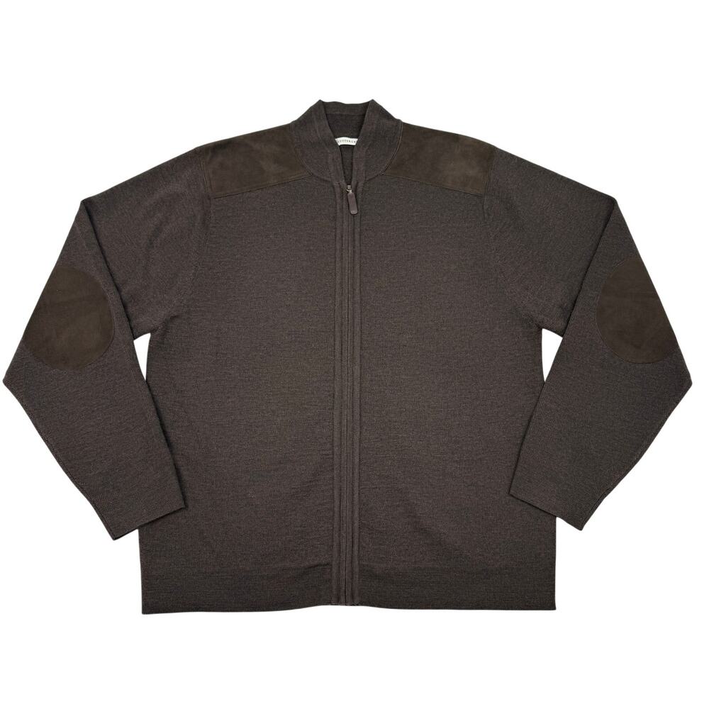Cutter & Buck Fine Merino Wool Zip Cardigan Leather Patch Accents Brown Size M